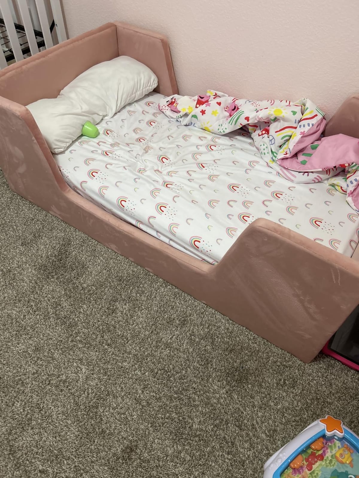 allamazing Toddler Bed, Toddler Floor Bed Frame with Guard Rails, Kids Beds for Ages 2-6 Years, Small Bed for Kids Girls and Boys, Standard Crib Mattress Toddler Beds, Certified Fabric Beds customer photo 2