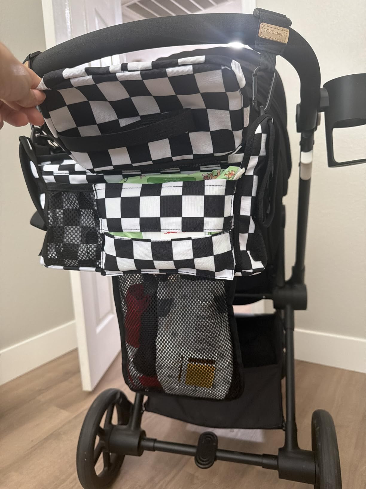 TOPDesign Universal Baby Stroller Organizer, Stroller Caddy with Detachable Mesh Bag & Heightened Insulated Cup Holders & Non-Slip Secure Hooks Accessories, Fits Most Strollers (Checkerboard) customer photo 2