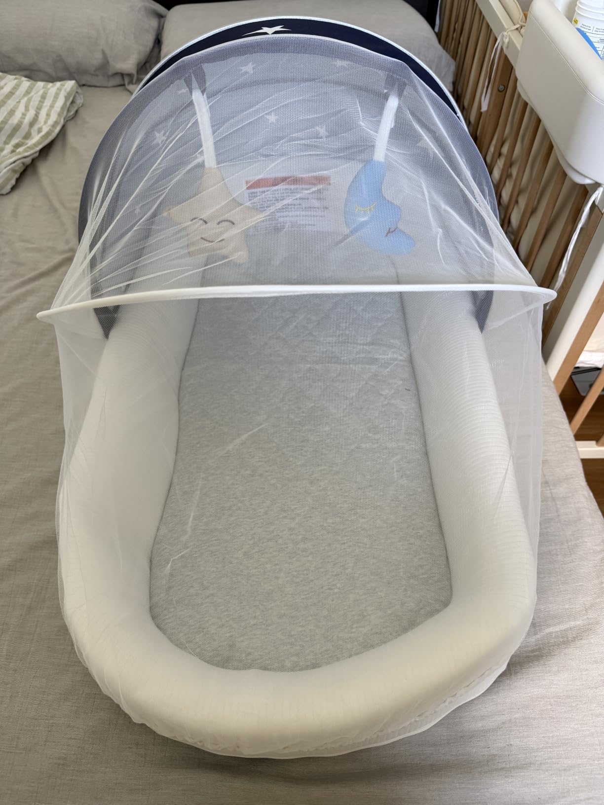 Portable Newborn Nest Lounger with Canopy & Mosquito Net-Lightweight Foldable Newborn Play Support & pad and Washable Cover, Indoor-Outdoor Use (Grey) customer photo 2