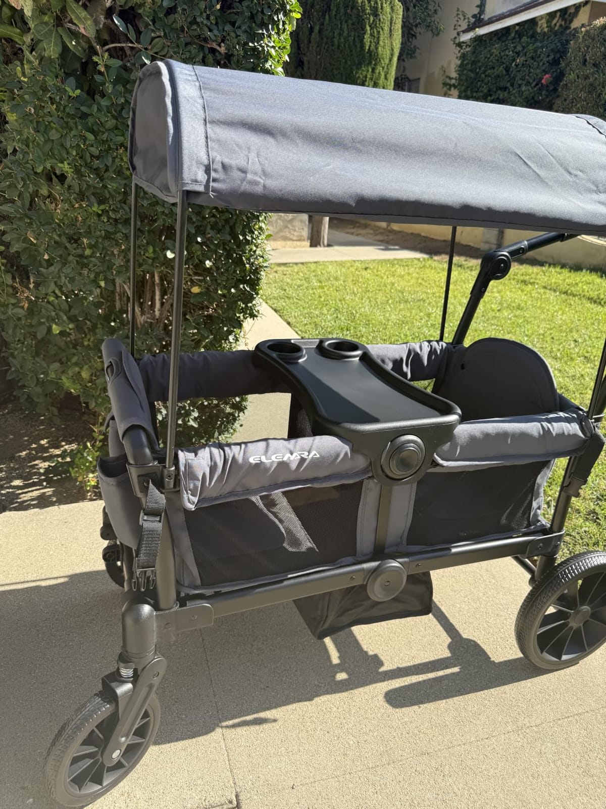 ELEMARA Foldable Wagon Stroller, Stroller Wagon for 2 Kids, Premium All Terrain Wagon for Kids with Removable Canopy, Adjustable Push/Pull Handle, Harnesses, Large Storage Bag, Black customer photo 2