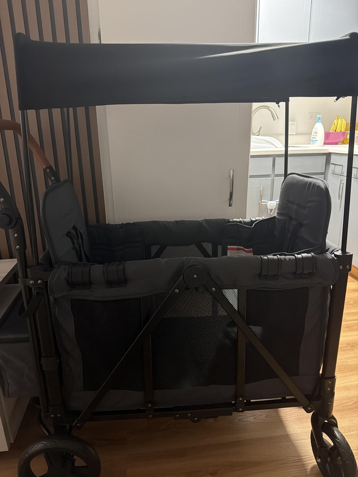 Stroller Wagon for 2 Kids, Foldable 2 Seater Wagon Stroller with Raised Seats, 5-Point Harnesses, Adjustable UPF 50+ Canopy, Front Zip Door, All-Terrain Wheels, Insulated Snack Bag, Black customer photo 2