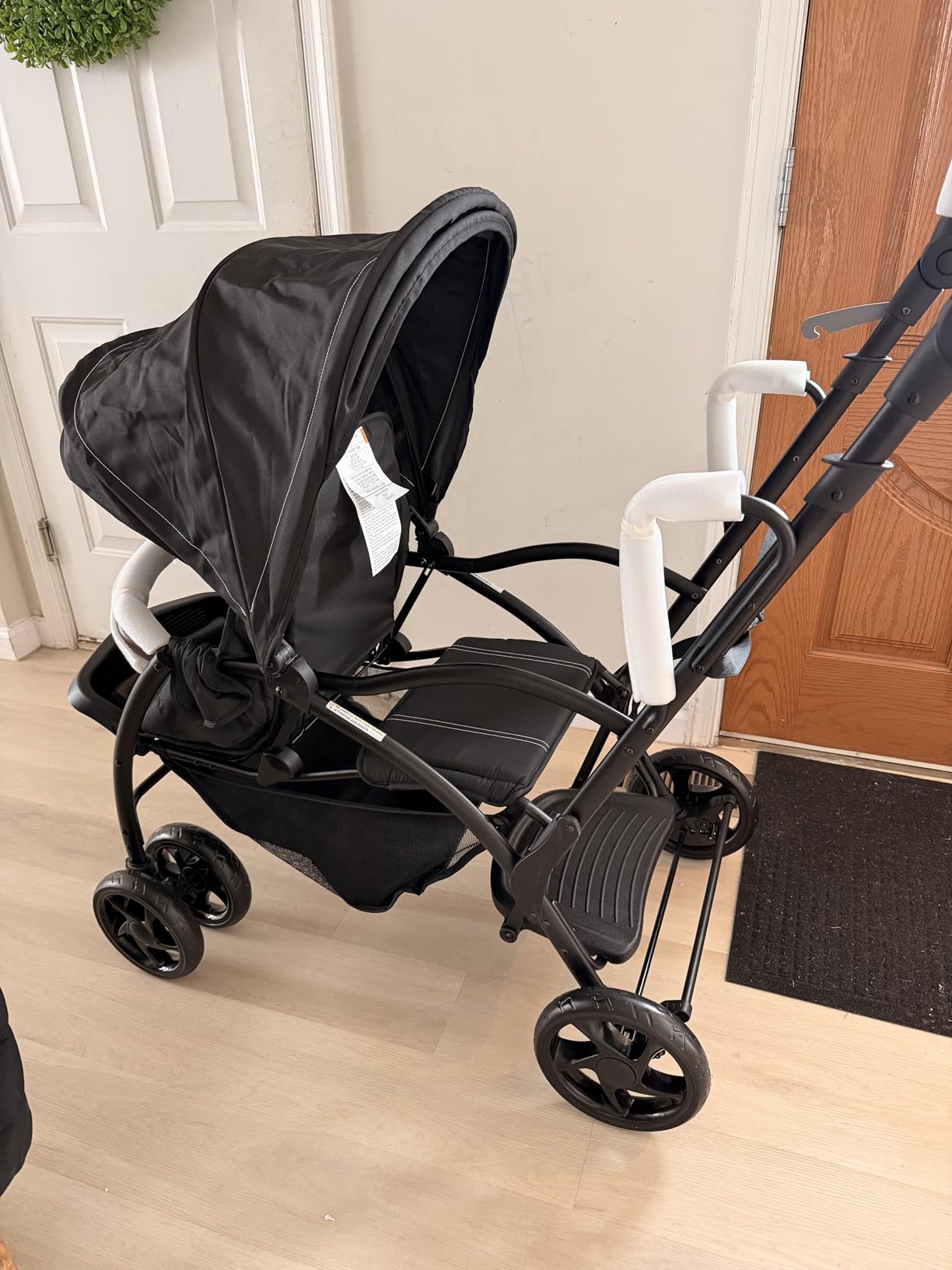 INFANS Sit and Stand Double Stroller, Foldable Tandem with Standing Platform Reclining Backrest, Adjustable Handlebar and Footrest, Storage Basket 5-Point Harnesses, Baby Pushchair for Toddlers customer photo 1