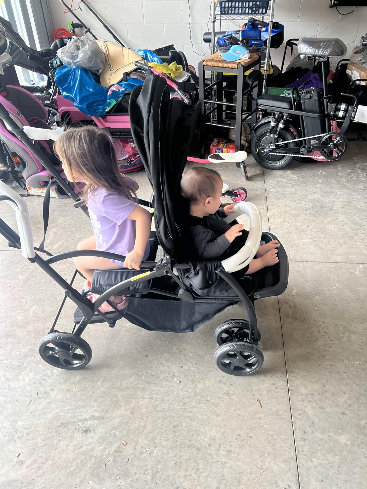 INFANS Sit and Stand Double Stroller, Foldable Tandem with Standing Platform Reclining Backrest, Adjustable Handlebar and Footrest, Storage Basket 5-Point Harnesses, Baby Pushchair for Toddlers customer photo 2